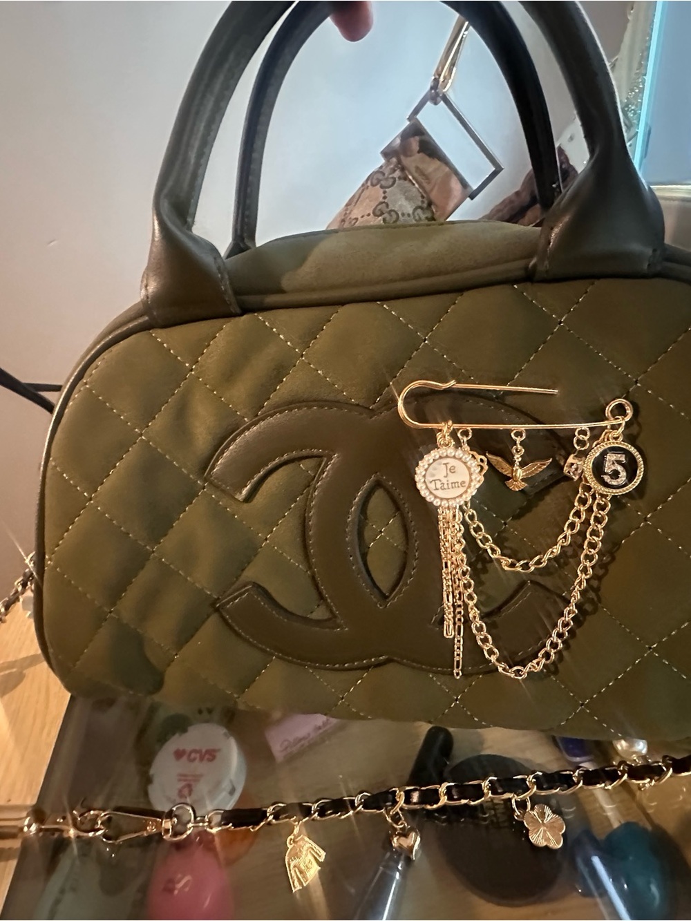 Quilted Olive Green Satchel with Black Trim and Gold Charm - Picture 5 of 5